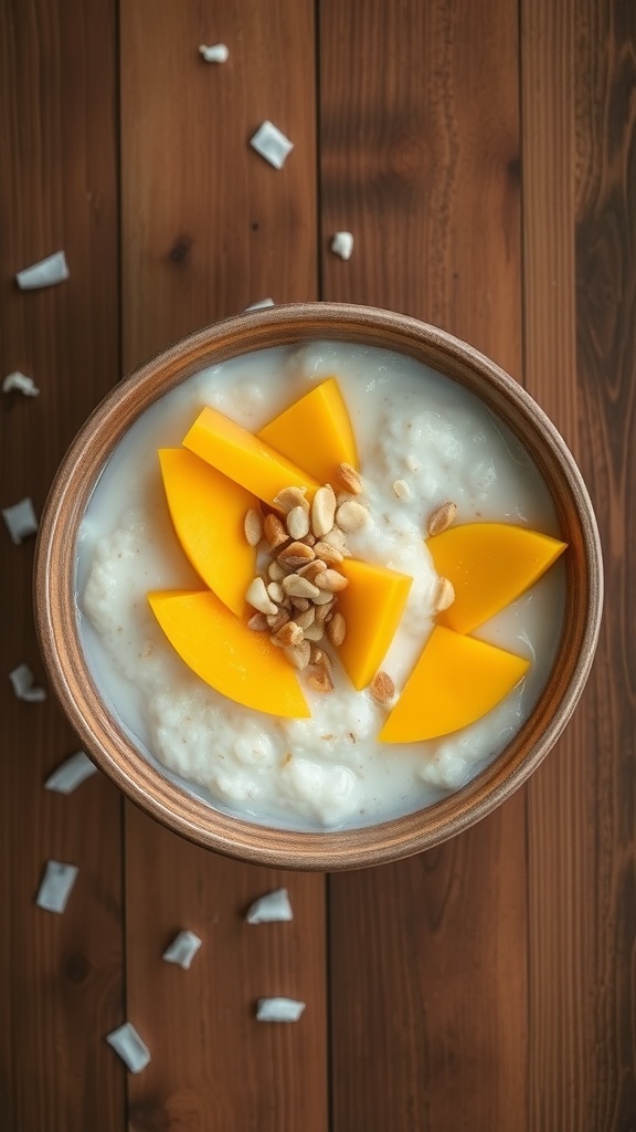 A bowl of Oat Pasakorn with oats and coconut milk, garnished with mango slices and nuts on a wooden table.